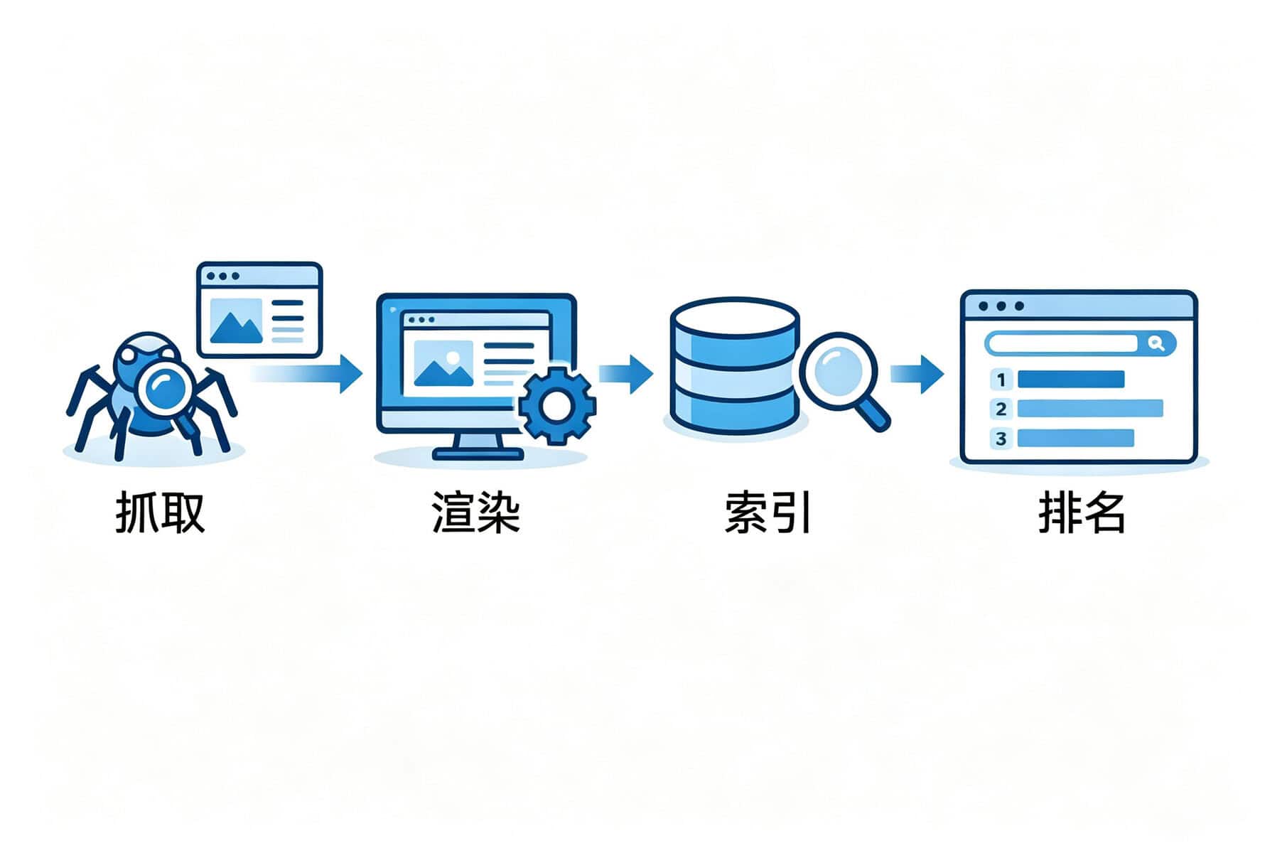搜索引擎优化流程：抓取、渲染、索引、排名.